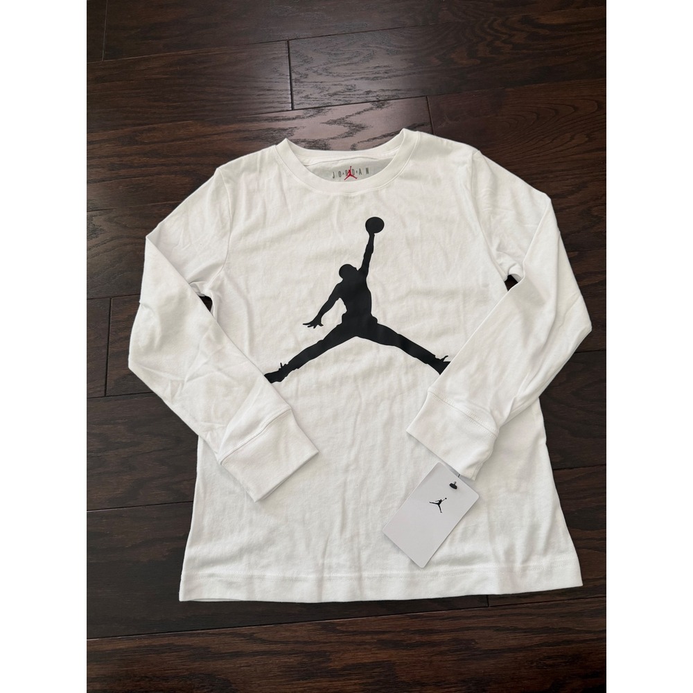 Jordan Boys Jumpman Long Sleeve T-Shirt White Black 95A476-001 Size S 8-10Y